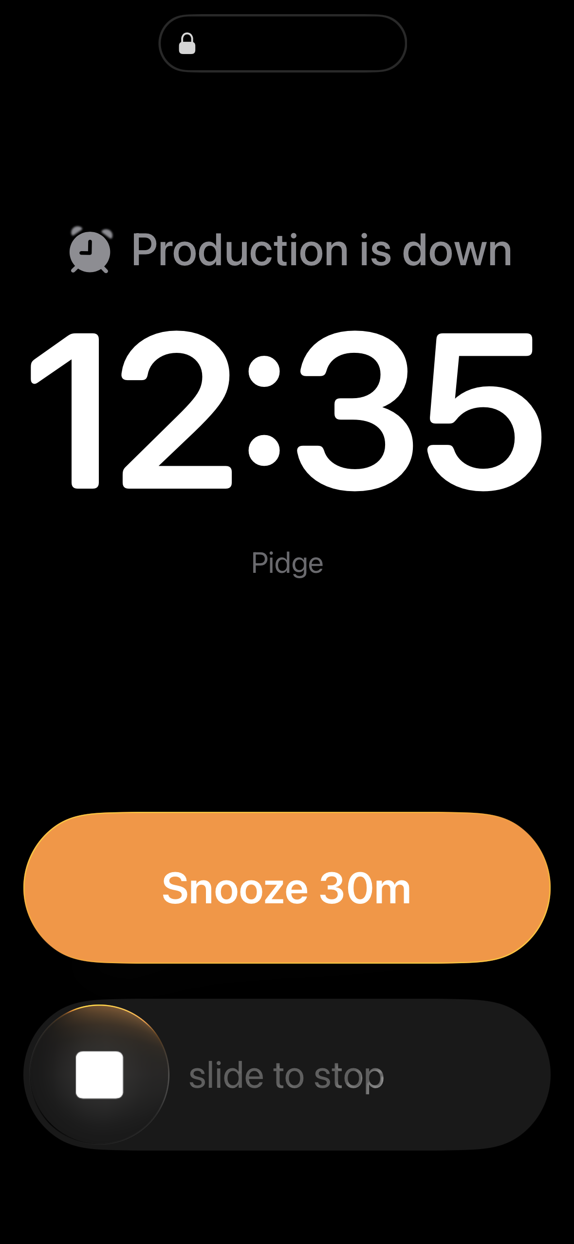A real iPhone alarm on the Lock Screen — "Production is down", with Snooze 30m and slide to stop