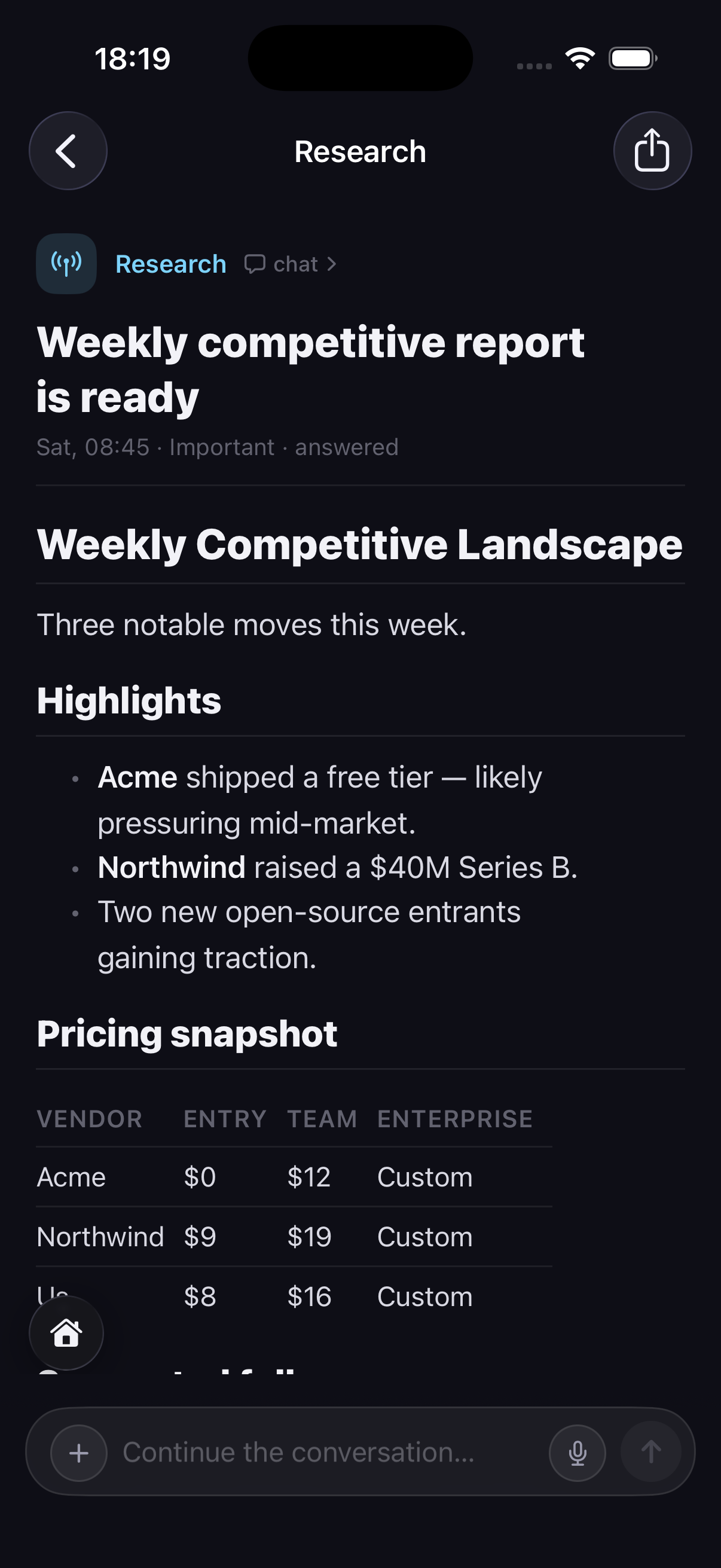 Notification detail — a Markdown competitive report with headings, bullets and a pricing table
