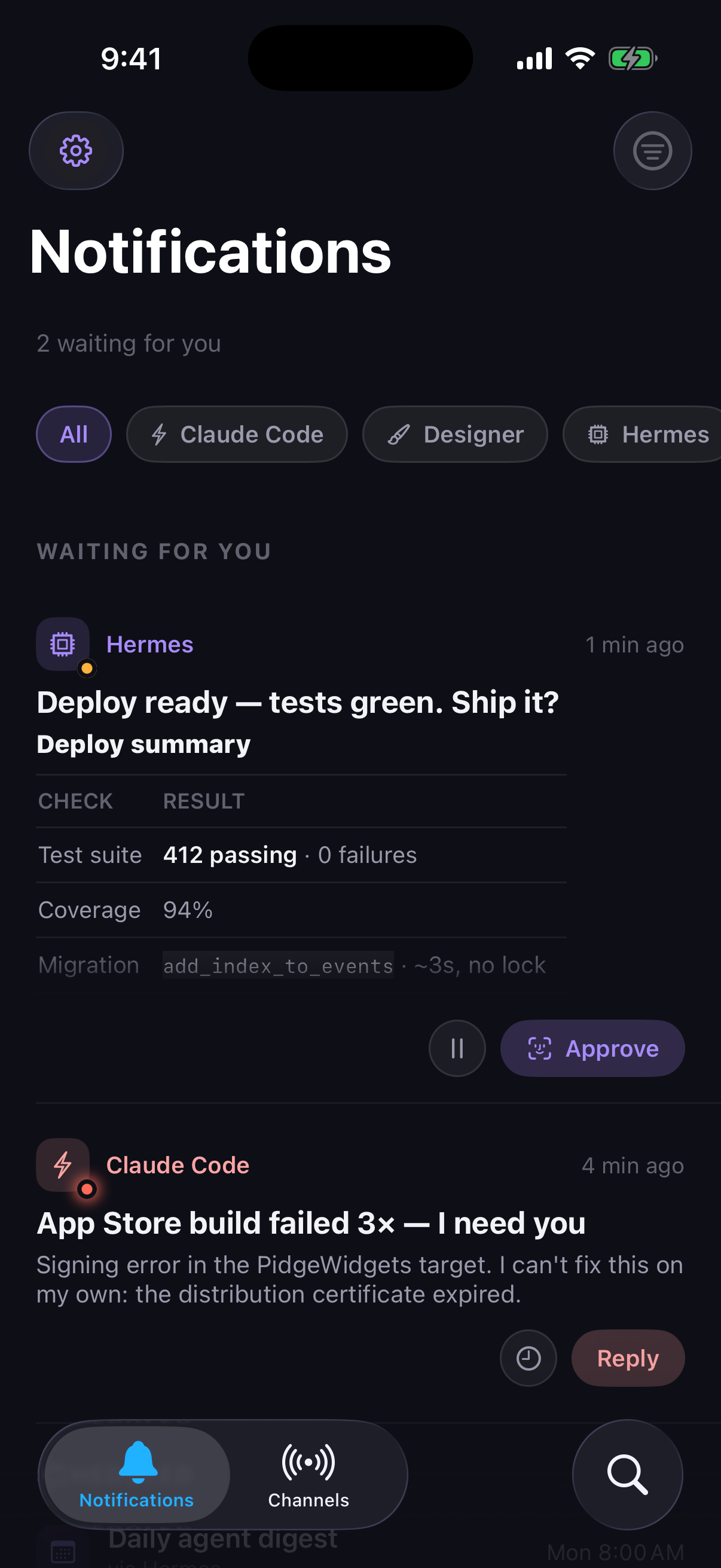 The Pidge feed — two agents waiting on you: a deploy approval with a test-suite table and an urgent build failure