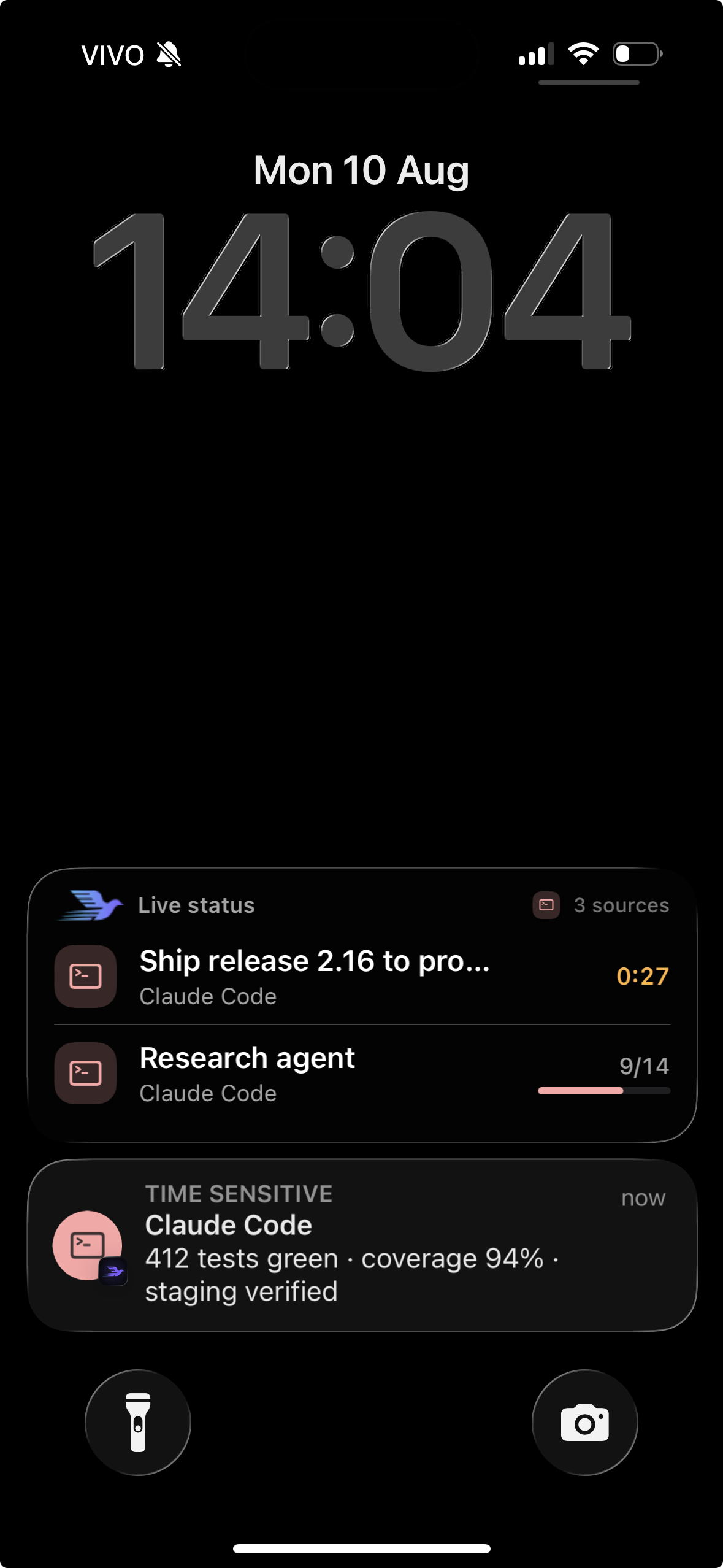 A real iPhone Lock Screen — one Live status card holding two running agents, plus a Time Sensitive banner from Claude Code